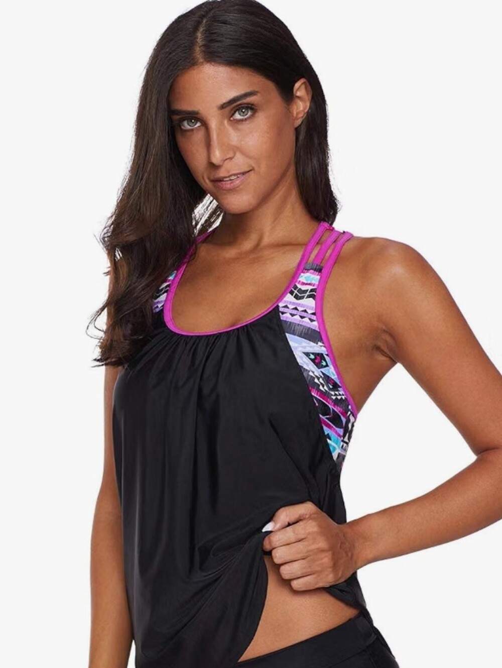 Black Pink Patterned Swim Workout Tankini Top Bra Sz M